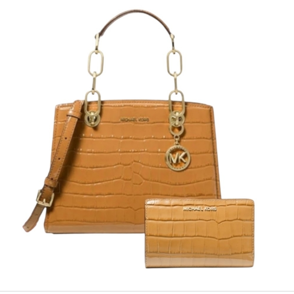 Nwt Michael Kors Cynthia Small Croc Embossed Leather Satchel & Wallet Set